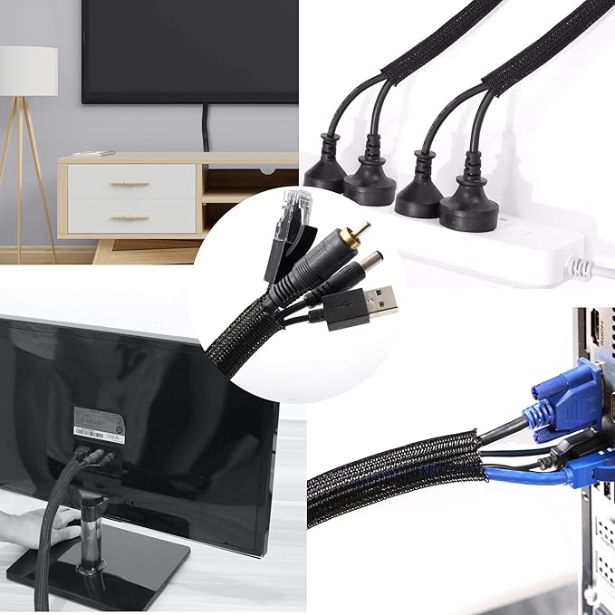 25ft - 3/4 inch Braided Cable Management Sleeve Cord Protector - Self-Wrapping Split Wire Loom for TV/Computer/Home Theater/Engine Bay - Black