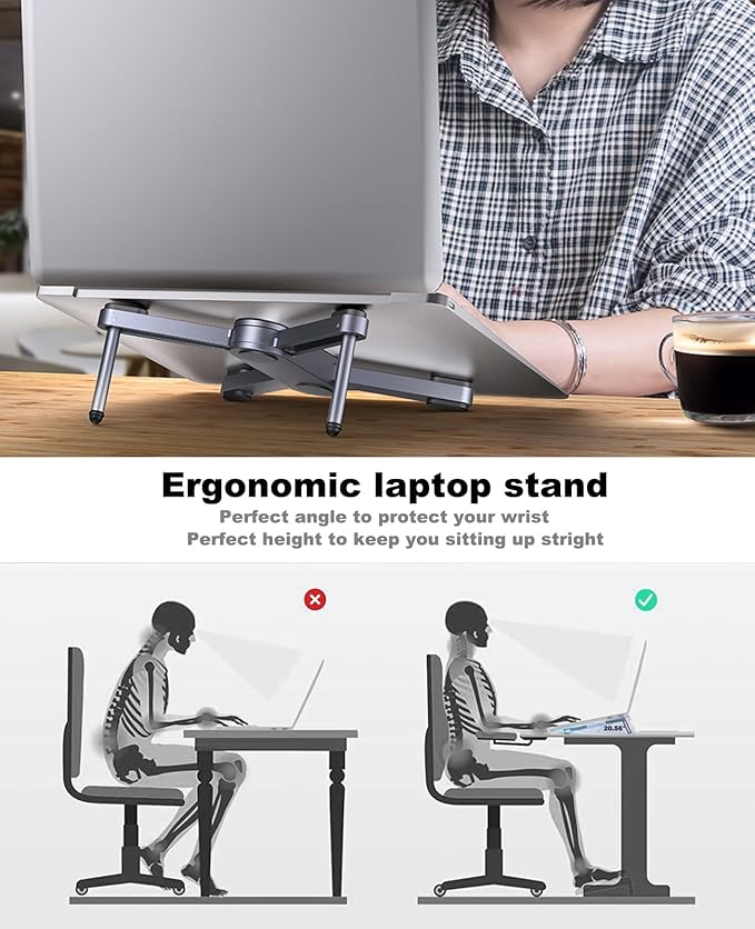 YICOSUN New Concept Laptop Stand - Adjustable Ergonomic Aluminum Riser for MacBook Pro/Air up to 15.6” - Foldable & Portable Computer Stand for Desk, Students, Office, Travel, Gaming - Gray