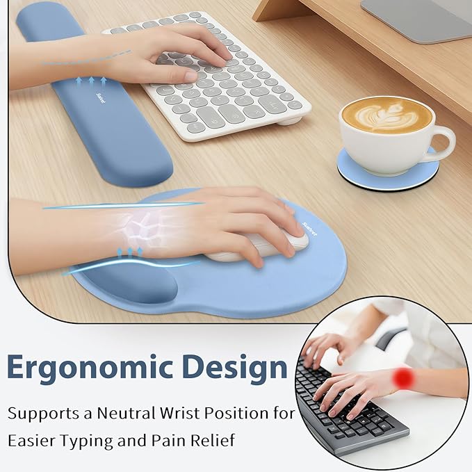 Sushret Mouse Pad and Keyboard Wrist Rest, 3-in-1 Gel Memory Foam Ergonomic Mouse Pad with Wrist Rest Set,Gaming Mousepad Arm Cushion Support for Computer Office Desk Accessories Cute Setup,Sky Blue
