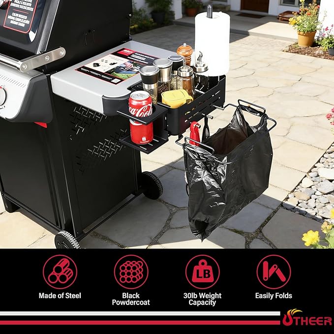 Utheer Grill Organizer Kit Compatible with Weber Works System, Rail-Mounted Grill Caddy Basket with Paper Towel Holder, Trash Bag Holder, Cup Holder & 4 Hooks for Slate, Spirit, Genesis, Performer