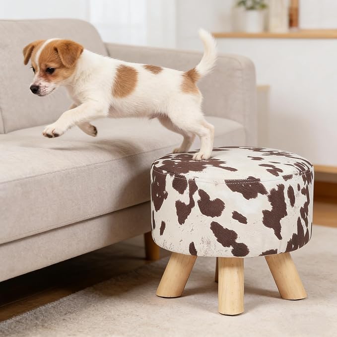 Asense Small Round Ottoman Foot Rest Stool Linen Padded Seat Footstool Ottoman with Anti-Slip Wooden Legs (Cow Brown,Linen)