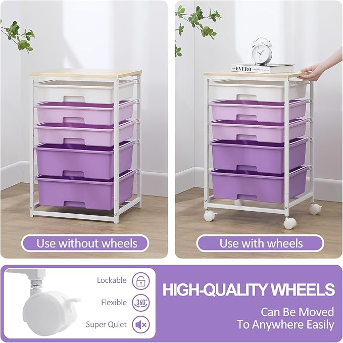 SYKIARIOL Utility Cart with 5 Drawers,Storage Drawer Cart with Wooden Tabletop and Lockable Wheels,Craft Storage Trolley Cart,5-Tier Rolling Utility Cart on Wheels,Purple