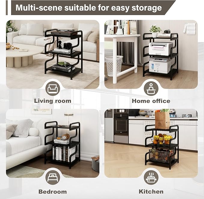 Natwind 3-Tier Printer Stand with Wheels Movable Storage Cart Floor-Standing Multi-Purpose Shelf Rack for Media Player Scanner Files Books Microwave Oven in Kitchen Living Room Home Office (Black)