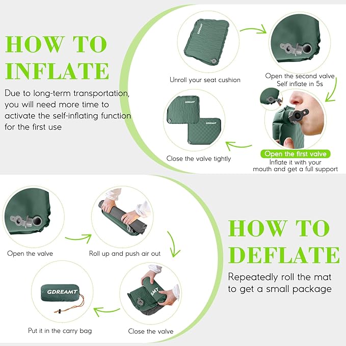 Inflatable Seat Cushion, Self-Inflating Memory Foam Stadium Seats Cushion Portable Camping Air-Foam Sitting Pad for Travel Airplane Car Bleachers Backpacking Office, Lightweight & Compact