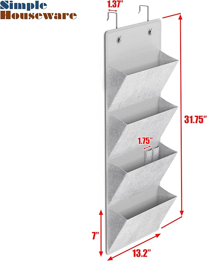 Simple Houseware Over the Door Hanging Wall File Organizer, 4 Pocket File Holder with 13" Width for Office Supplies Storage, Grey