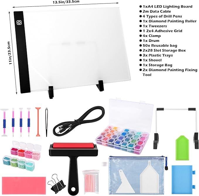 Diamond Painting Storage Accessories Kit with A4 LED Light Pad, Bead Organizers, Drill Pens, Storage Boxes, and Tools (A4 Light Pad Kit)
