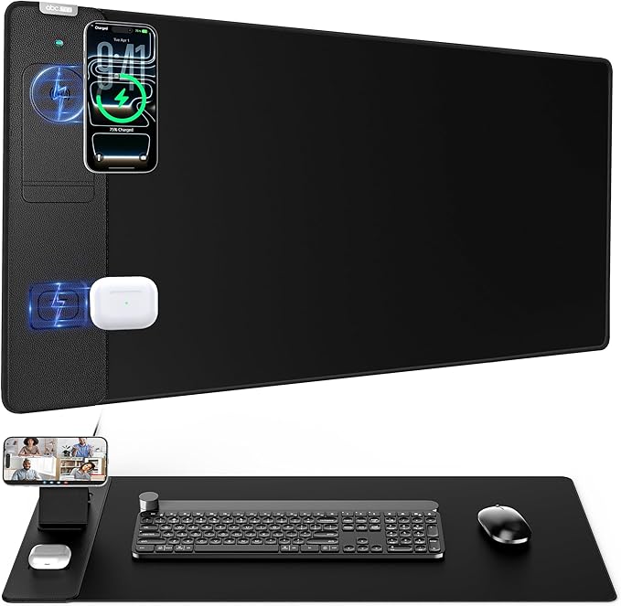 4-in-1 Mouse Pad with Magnetic Wireless Charging Phone Stand, 31.5"x15.8" Large, Waterproof Smooth Surface, Non-Slip Base, No Adapter