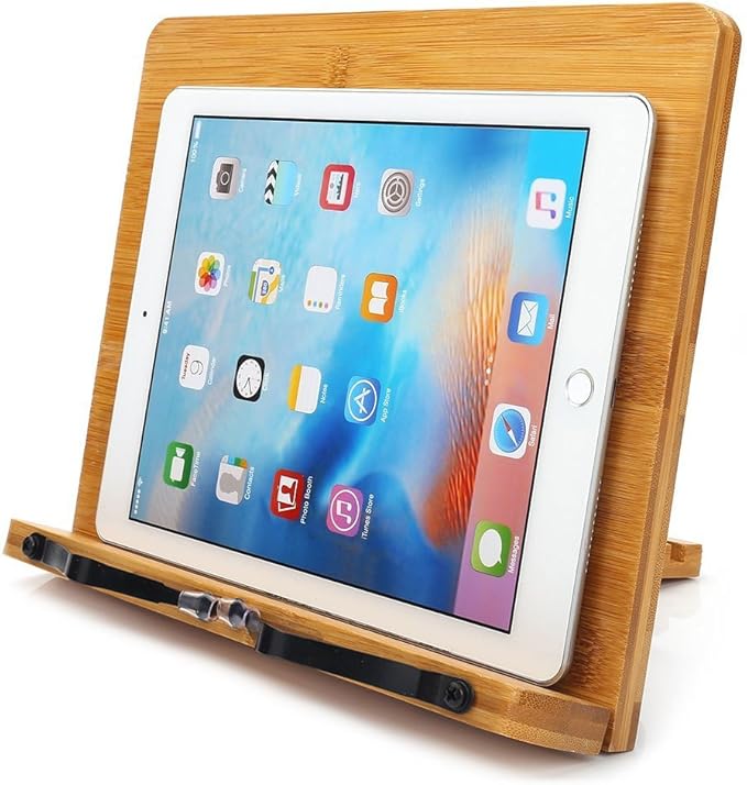 wishacc Bamboo Book Stand for Reading, 13.2" x 9.2" Premium Wooden Cookbook Holder and Recipe Stand for Kitchen Counter, Foldable Adjustable Desk Easel with 5 Angles for Textbooks, Sheet Music, Tablet