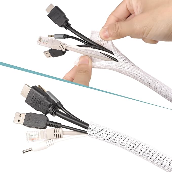 25ft PET Braided Cable Sleeve 3/8 inch(10mm) Wire Protector Cable wrap Wire Covers for Cords Cable Sleeves Cord Management Cable Management Sleeve(White)