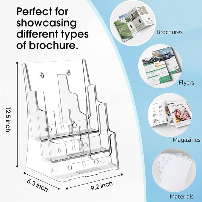 MaxGear Brochure Holder 3 Tier 8.5x11 inch with Removable Divider for 4x9 inch Acrylic Literature Display Stand Clear Plastic Flyer Holder Wall Mount or Countertop Use for Pamphlets, Booklets, 1 Pack