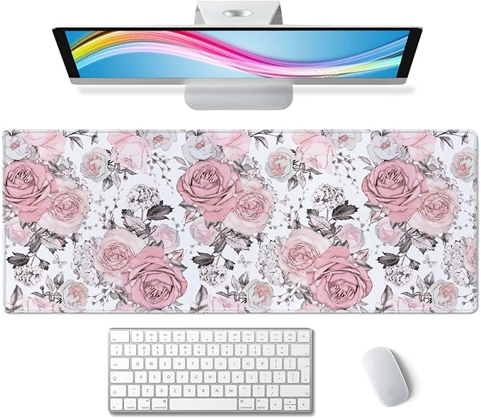 Cute Pink Flowers Desk Pad XL Gaming Mousepad & Laptop Computer Keyboard Mat 31.5''X 11.8'' Cute Desk Decor Accessories
