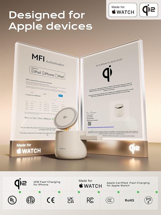 THREEKEY 4 in 1 Qi2 Magnetic Wireless Charging Station for MagSafe, 15W Fast Charger with Made for Apple Watch Charging Module, for iPhone 17–12 Series & AirPods, 65W Adapter Included