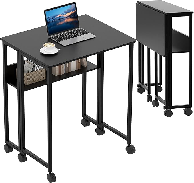 Folding Desk Small Rolling Desk with Storage Shelf,24.8 Inch Foldable Computer Table with Wheels,Portable Office Desk for Small Space Sofa Table,Easy to Fold,Writing Work Office Computer Desk,Black