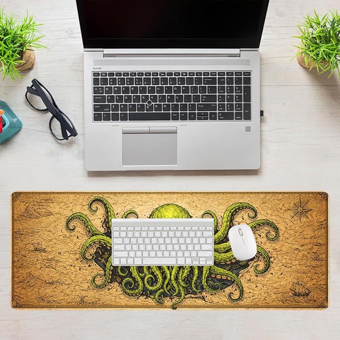 Octopus Monster Mouse Pad Cthulhu Dark Sea Pirate Fantasy Mousepad Extended Large Laptop Keyboard Non-Slip Rubber Base with Stitched Edges for Home 31.5x11.8 Inch
