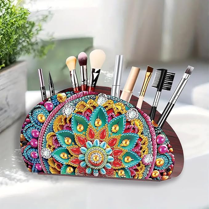 POETRYDRAW DIY Mandala Diamond Art Painting Wooden Storage Box – Multi-Grid Moon Fan Makeup Brush Organizer, Double-Sided Drill Tabletop Holder for Women, Office & Home Decoration