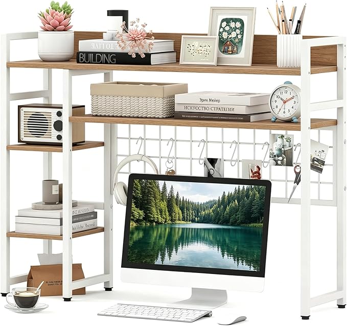 COSTWAY Desktop Bookshelf for Monitors up to 32", 37" x 10" Countertop Organizer with 4 Open Shelves, Grid Panel with 6 Hooks, Anti-Tip Safety Kit, and Adjustable Feet for Home Office (White)