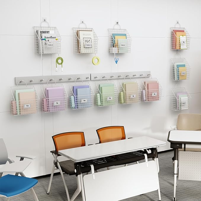 Yuzehuaza Wall File Organizer Metal Hanging File Organizer,Wall Mount File Holder, Magazine Rack and Mail Holder with Hooks for Home Office, 4 Packs, White(Patent Pending)