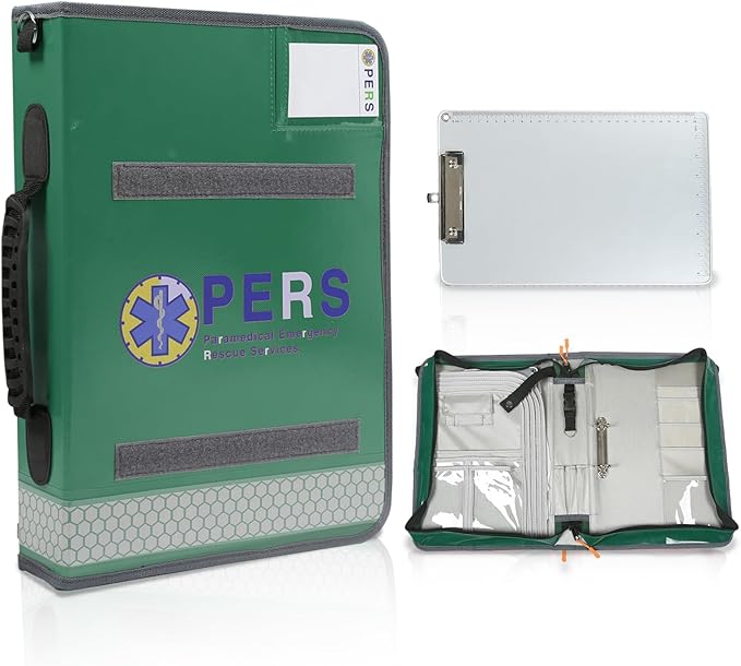 Durable Waterproof Medical Folder with Detachable Writing Board & Reflective Strips -A4 Document Bag for Emergency Care (Green)