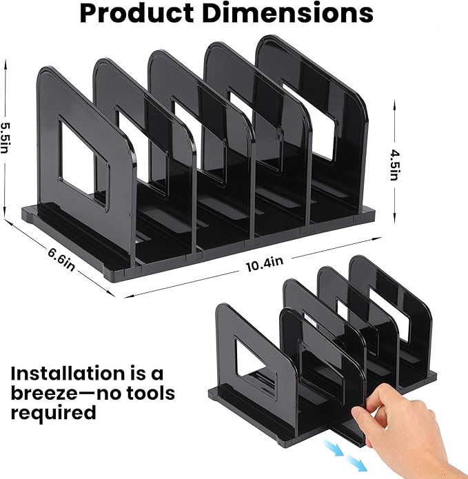 LALOBLUE File Organizer, Acrylic Folder Organizer File Sorter, Plastic Vertical Dividers for Magazine Mail Letter Paper, Desktop Organizers for Office, Classroom & Home(4 Sections, 2 Pack), Black