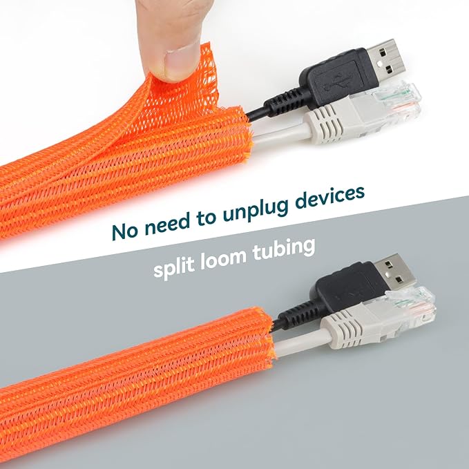 Wire Loom Tubing, 10ft Split Braided Cable Management Sleeve, Flexible Mesh Cord Protector Cable Sleeve for TV Computer (Orange, 3/8")