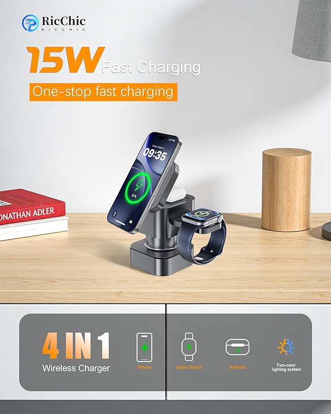 2026 4 in 1 Wireless Charging Station for Apple, 15W Fast Magnetic Charger Compatible with Magsafe for iPhone 17 16 15 14 13 12 Pro Max Plus, Apple Watch Series & AirPods 4 3 2 Pro(No Adapter)