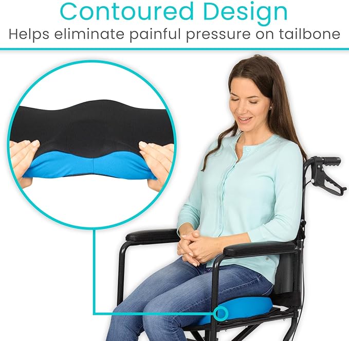 Vive Tailbone Pain Relief Cushion - Memory Foam Seat Pillow for Wheelchairs - for Sciatica, Coccyx, Back Pain, Pressure Relief - Comfort for Long Sitting - Elderly Chair Cushion for Support