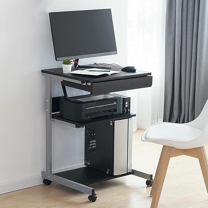 Topeakmart Mobile Compact Computer Desk Cart for Small Spaces, Work Workstation, Writing Desk Table with Drawers and Printer Shelf on Wheels