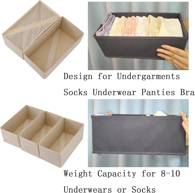 Bructhun Sock Drawer Organizer 3 Pack - Collapsible Fabric Storage Bins for Underwear Divider, Small Closet Organizers with 3 Compartments, Beige
