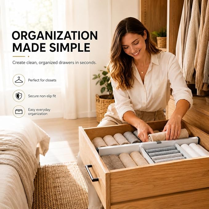 Adjustable Drawer Dividers – Expandable 14.7–21” Drawer Organizer with Non-Slip Ends, Easy Install for Kitchen, Dresser & Closet Storage (“White”)