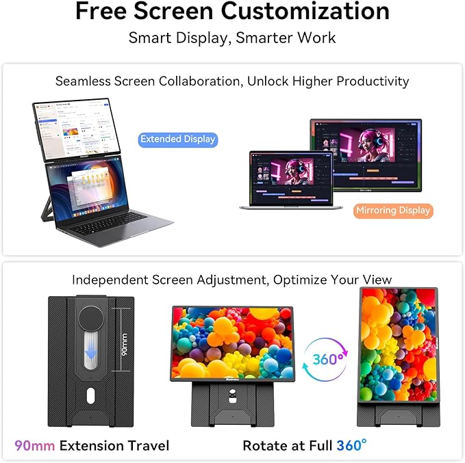 Blackview 16.1" Portable Monitor for Laptop, 1200P FHD Laptop Screen Extender, 360° Rotating Detachable Magnetic Stand, Plug & Play with HDMI/USB-A/Type-C, Extra Monitor for Windows/Mac/Linux/Android