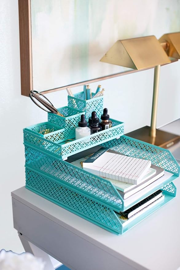 BLU MONACO | Aqua Desk Organizer Set for Women 6 Piece | Mail Sorter Organizer Countertop with Letter Sorter for Desk | Standing File Organizer with Mesh Pen Holders