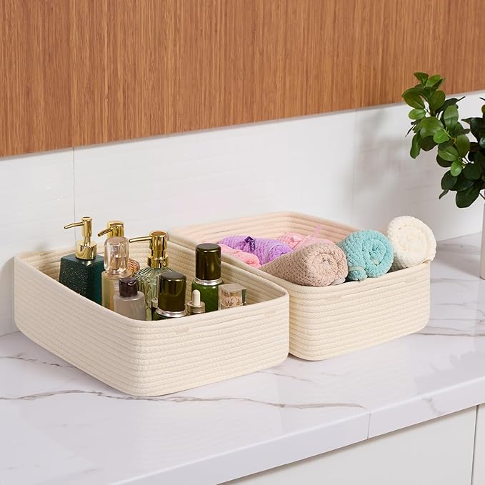 MiniArk Large Shallow Organizing Baskets 15x11x5.1 Inches - Rope Woven Storage Bins for Bathroom, Shelves, Cube Closet, Beige 2 Packs