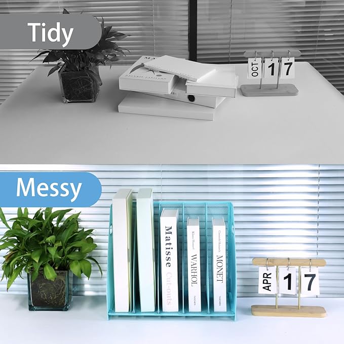 Desk Organizers Metal Magazine File Holder Racks Desktop Folder Storage Binder Organiser Document Organization for Home Office & Classroom,5 Vertical Compartments-Blue