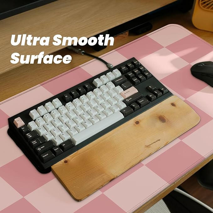 Gaming Mouse Pad with Non-Slip Base, Cute Mouse Mat with Stitched Edges for Keyboard and Mouse, Large Anime Mousepad for Computer, 31.5 x 11.8 inches (Pink Checkered)