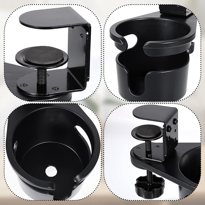 FMOACEN 3-Stage Adjustable Desk Cup Holder Clamp, 360° Rotating Anti-Spill Tray for Water Bottles & Mugs, Heavy-Duty Under Desk Organizer for Office, PC Gaming & School, Black