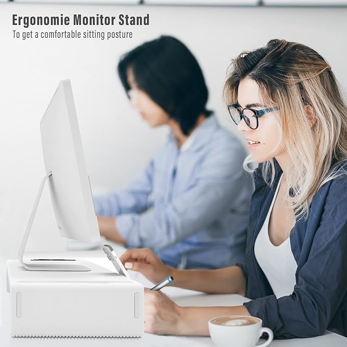 OImaster Monitor Stand Riser with Drawer - Adjustable Foldable Computer Monitor Stand for Desk, Desktop Organizer with Phone Holder & Pen Slot, Space Saving Laptop Riser for Home Office, White