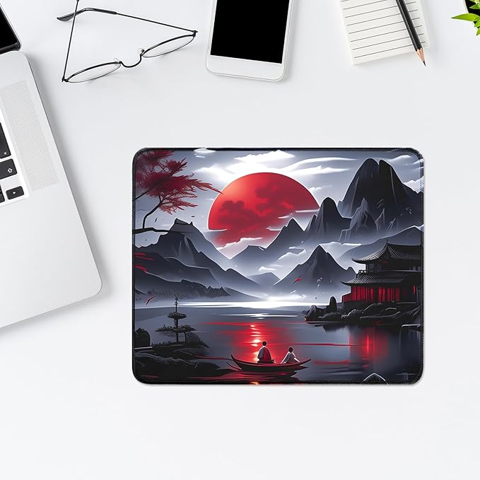 FreeNook Small Gaming Mouse Pad, Anime Black Mousepad with Stitched Edges, Expanded Cool Desk Mat, Japanese Red Moon Keyboard Mat Suitable for Home Office,10.2 X 8.3 Inch
