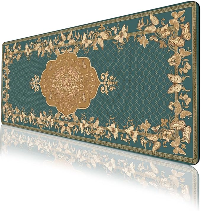 Vintage Butterfly Desk Pad Mouse Pad Gold Floral Extended Gaming Mouse Pad Mat with Stitched Edge Non-Slip Base 31.5 x 11.8 Inch Office Computer Keyboard Laptop Home