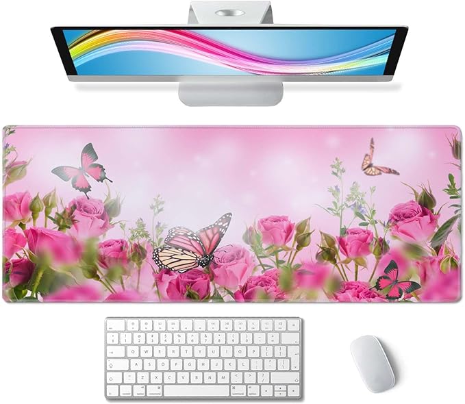 Mouse Pad Gaming, Large Mouse Pads for Desk, Keyboard Mouse Mat Desk Pad, Non-Slip Rubber Base with Stitched Edges Mousepad, 31.5x11.8in Roses Butterfly