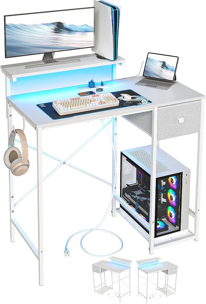 X-cosrack 33.5" Small Computer Desk with LED Lights & Outlets, Small Gaming Desk with Monitor Stand & CPU Stand, Teen Study Writing Table with Storage Drawer, Side Hooks for Bedroom, Home Office White