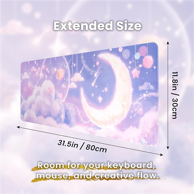 BELLEMOND Japanese Art Desk Mat | Large 31.5x11.8in Anime Mouse Pad for Keyboard & Mouse | Non-Slip Base, Water-Repellent | Original Japanese Design | Moonlit Pastel Cosmos