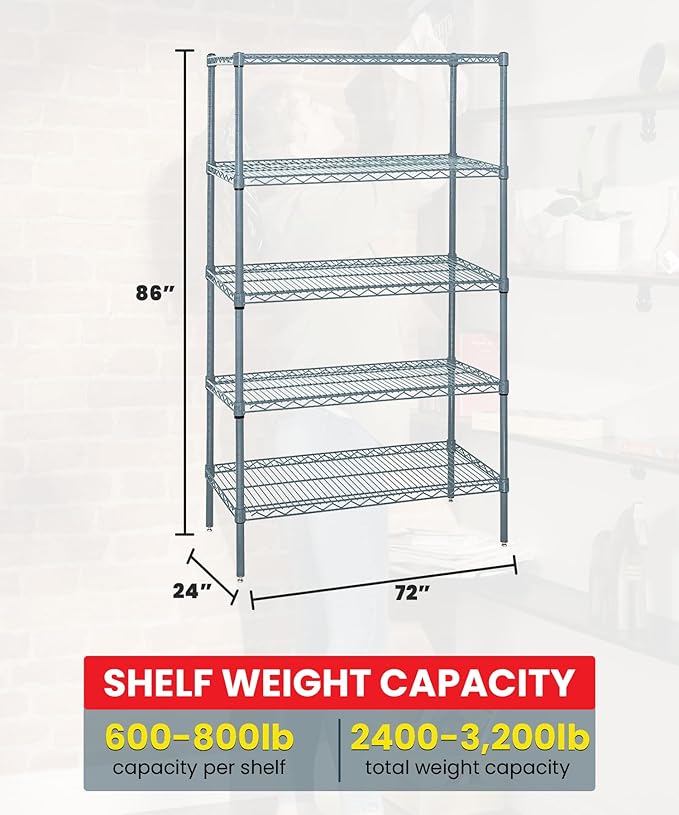 Quantum Storage Systems WR86-2472GY-5 Wire Shelving 5 Shelf Starter Units, 24" x 72" x 86", Gray Epoxy