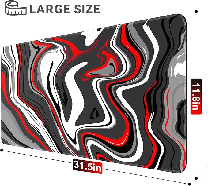 Gaming Mouse Pad Big Mousepad with Non-Slip Rubber Base, 31.5 x 11.8 in XL Large Desk Mat for Gaming Home Office, Long Keyboard Pad Mouse Mat for Computer with Stitched Edges, Grey and Red Fluid