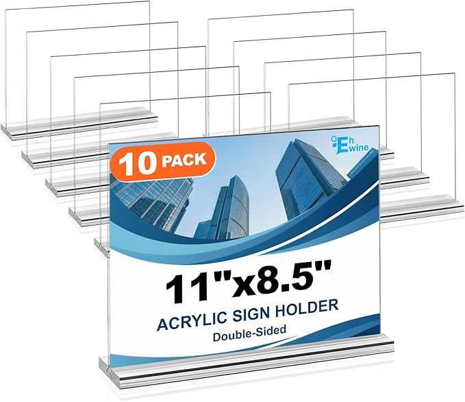 EHWINE 10 Pack Acrylic Sign Holder 8.5 x 11 Horizontal, Double-Sided Stand up Table Top Sign Holders, Clear Acrylic Picture Frame Menu Flyer Paper Holder Display Stand for Office Business Store Wedding Party