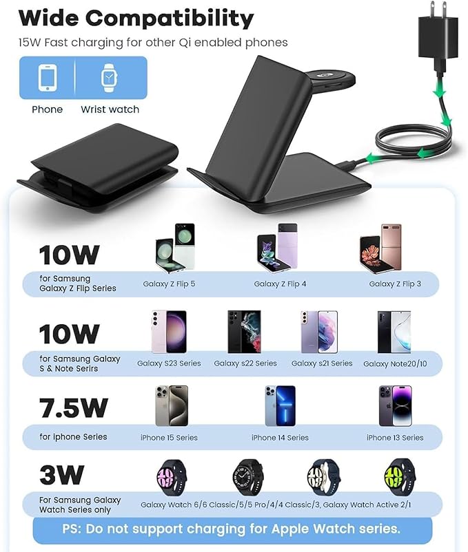 Wireless Charger for Samsung Galaxy z Flip & Watch Combo - 2 in 1 Foldable Wireless Charging Station for Flip 7/6/5/4, Motorola Razr+, Galaxy Watch 8/7/6 | PD20W Adapter Included | Black Travel Dock