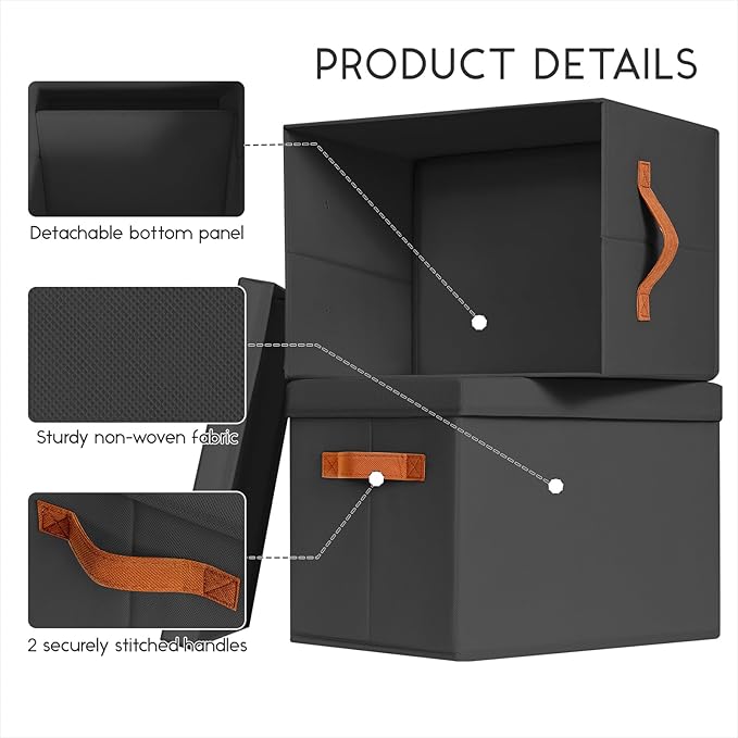 Homsorout Storage Bins with Lids - Fabric Storage Baskets for Shelves, 8 Pack Foldable Decorative Boxes with Handles, Stackable Organizer Bins for Home, Nursery, Dorm, Black