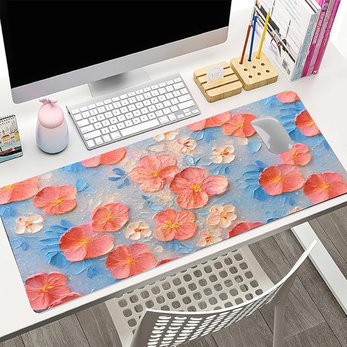 Oil Painting Flowers Desk Mat for Women, Large PU Leather Desk Pad with Non-Slip Base, Aesthetic Office Keyboard Cover for Gaming & Home Work, Artistic Desk Decor (27.56 * 13.78in)