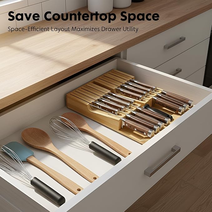 Bamboo Kitchen Drawer Knife Holder, In-drawer Knife Block, Knife Drawer Organizer fit for 16 knives and 1 steel sharpening