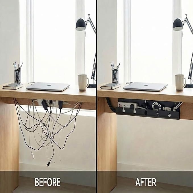 Ovanmexis Under Desk Cable Management Tray (2-Pack) with Quick-Release Mount - Snap-On Tool-Free, Includes Magnetic Cable Clips & Straps, No Drill Hidden Base for Home Office Standing Desk (White)