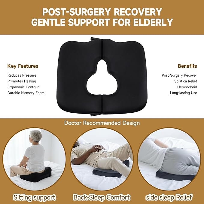 Split-Design Bed Sore Pillow Coccyx Cushion - T-Shaped Pressure Relief Pillow for Tailbone Pain, Hemorrhoids, Post-Surgery & Bedridden Patients | Donut Pillow for Office Chair & Wheelchair Cushions